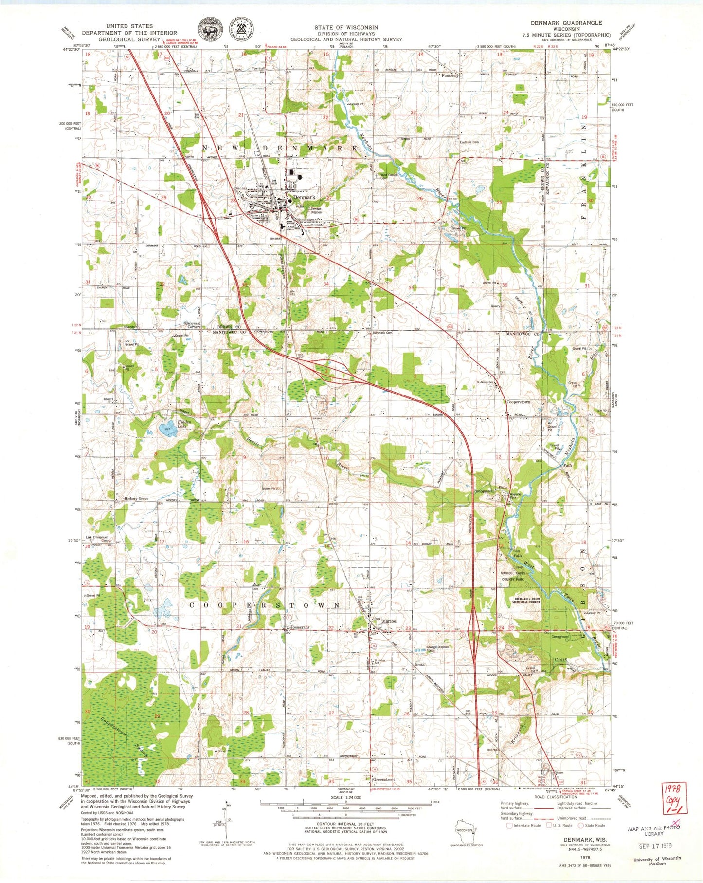 Classic USGS Denmark Wisconsin 7.5'x7.5' Topo Map Image