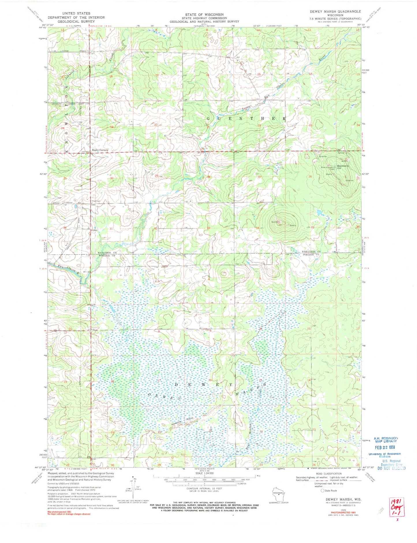 Classic USGS Dewey Marsh Wisconsin 7.5'x7.5' Topo Map Image