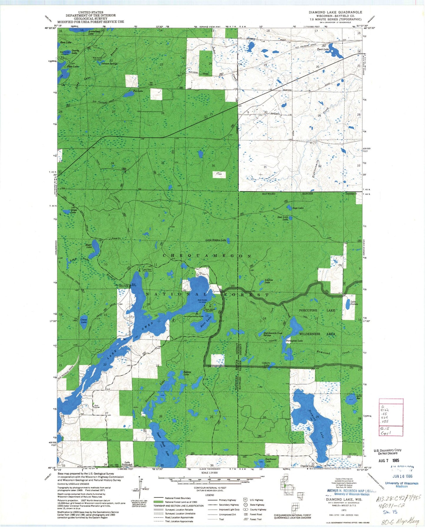 Classic USGS Diamond Lake Wisconsin 7.5'x7.5' Topo Map Image