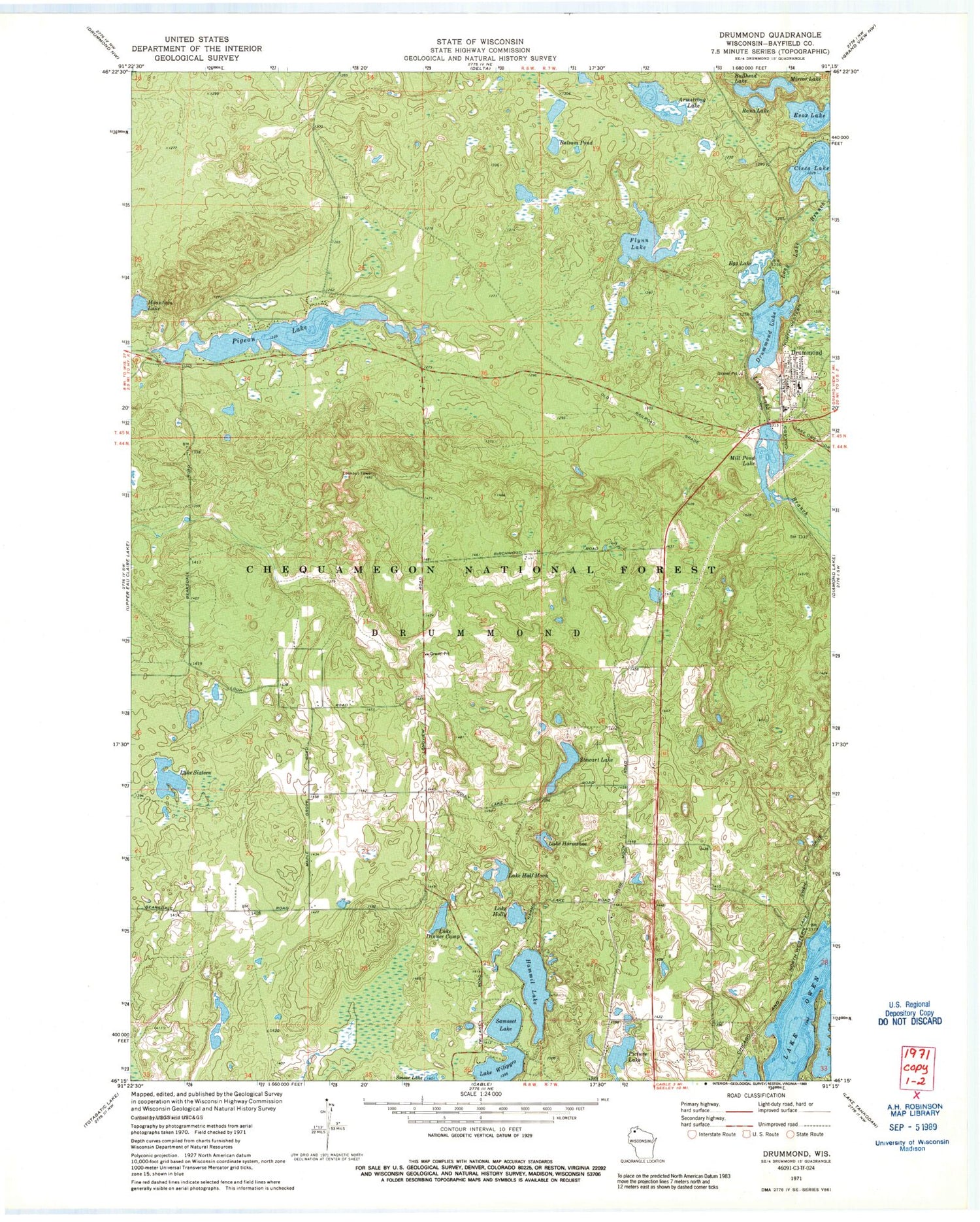 Classic USGS Drummond Wisconsin 7.5'x7.5' Topo Map Image