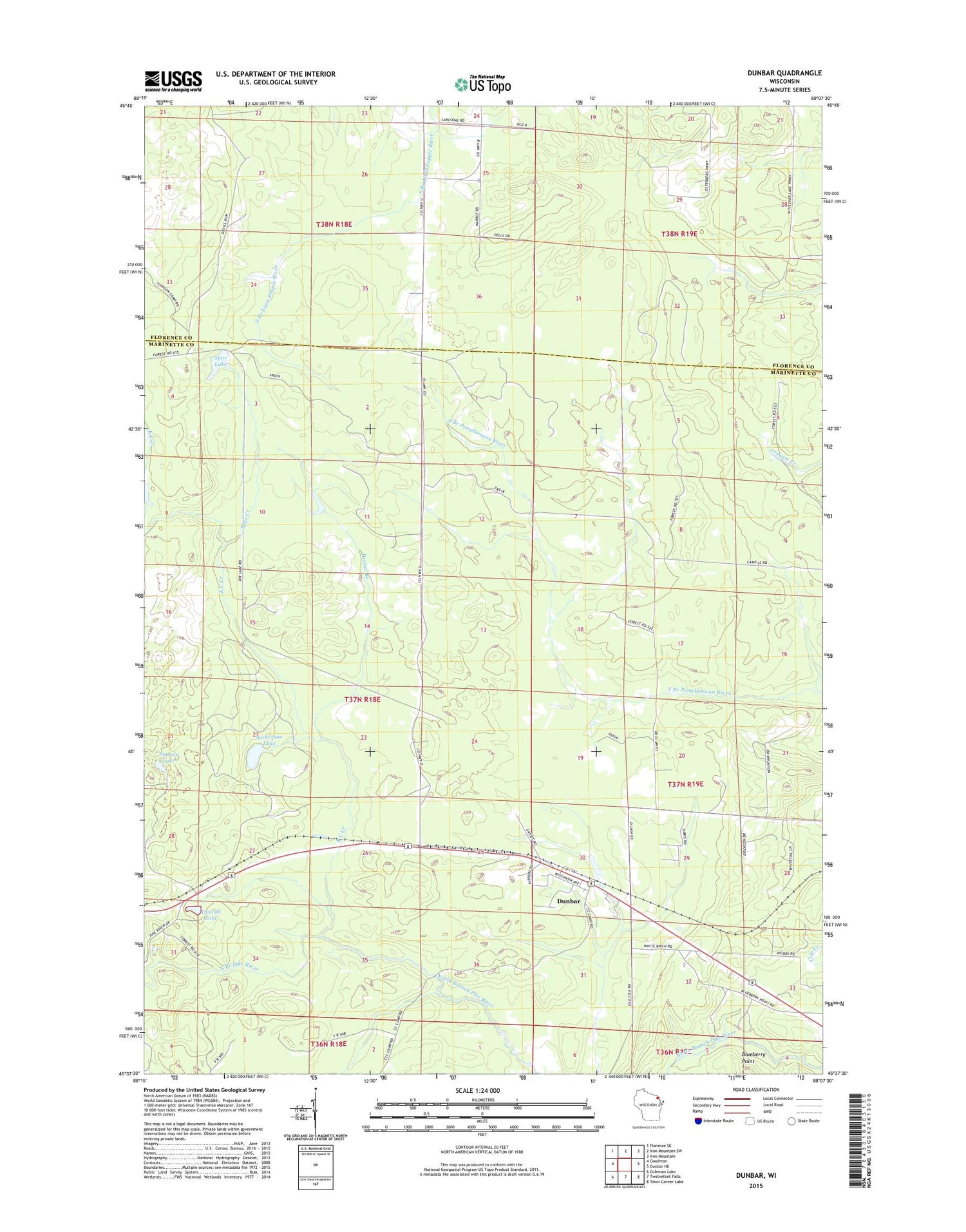 Dunbar Wisconsin US Topo Map Image