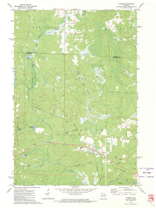 Classic USGS Dunbar Wisconsin 7.5'x7.5' Topo Map Image