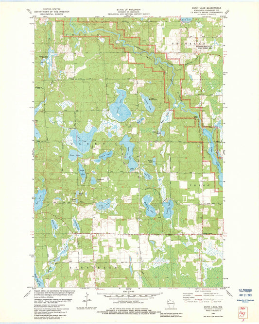Classic USGS Dunn Lake Wisconsin 7.5'x7.5' Topo Map Image