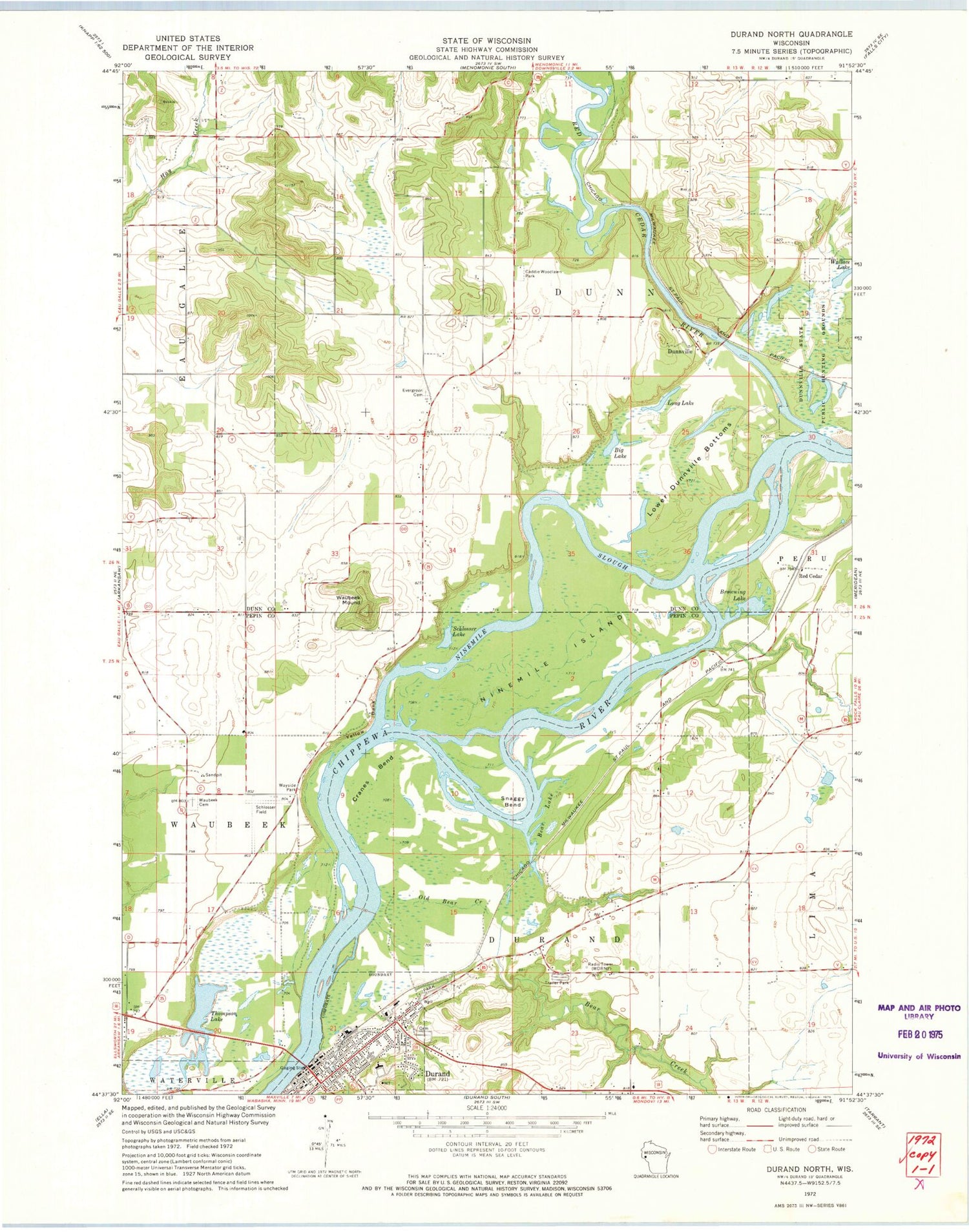 Classic USGS Durand North Wisconsin 7.5'x7.5' Topo Map Image