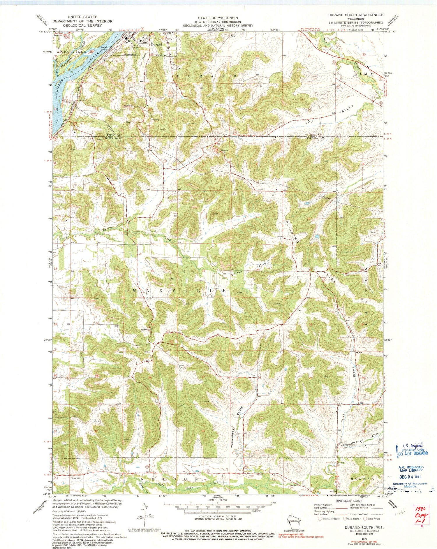 Classic USGS Durand South Wisconsin 7.5'x7.5' Topo Map Image