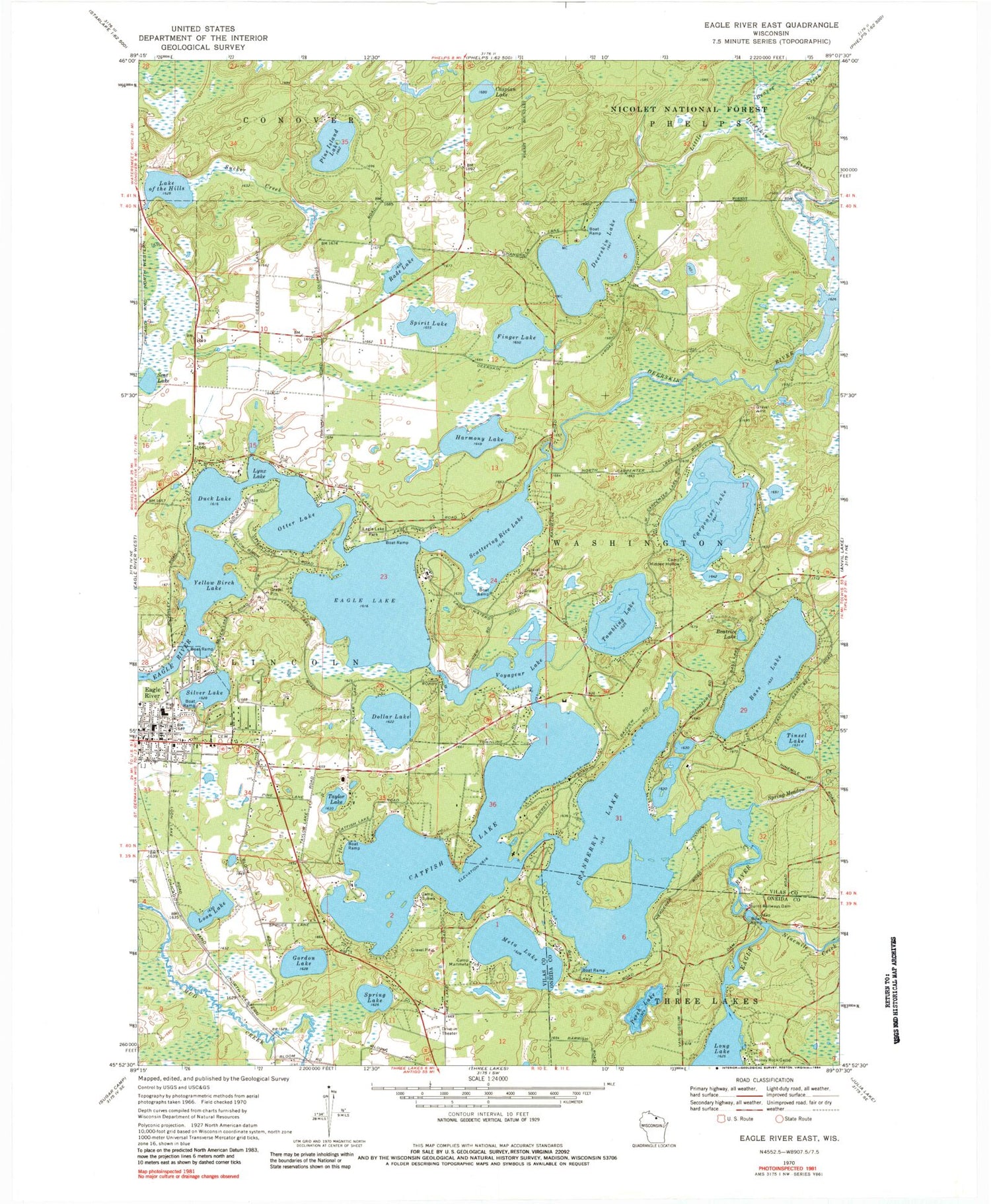 Classic USGS Eagle River East Wisconsin 7.5'x7.5' Topo Map Image