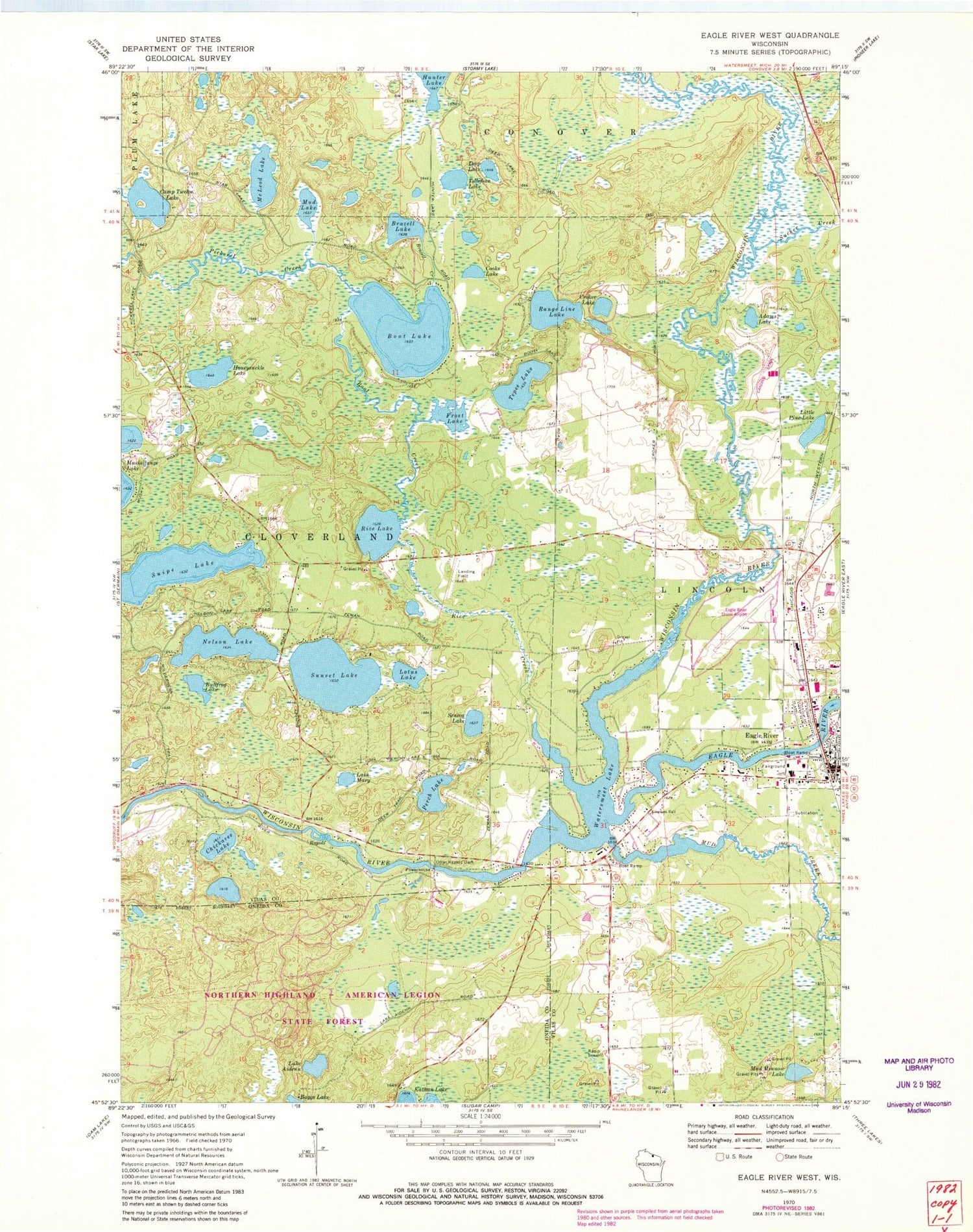 Classic USGS Eagle River West Wisconsin 7.5'x7.5' Topo Map Image