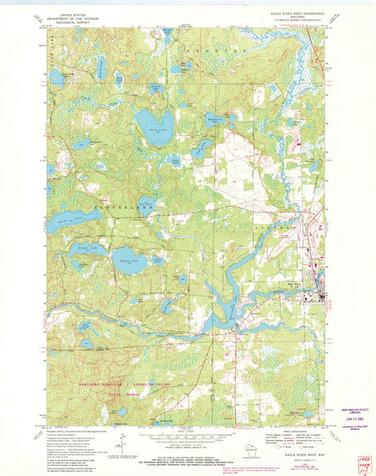 Classic USGS Eagle River West Wisconsin 7.5'x7.5' Topo Map Image