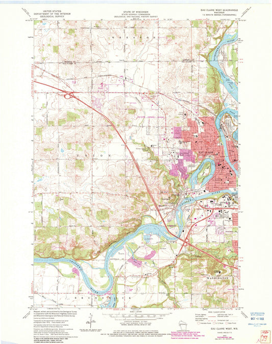 Classic USGS Eau Claire West Wisconsin 7.5'x7.5' Topo Map Image