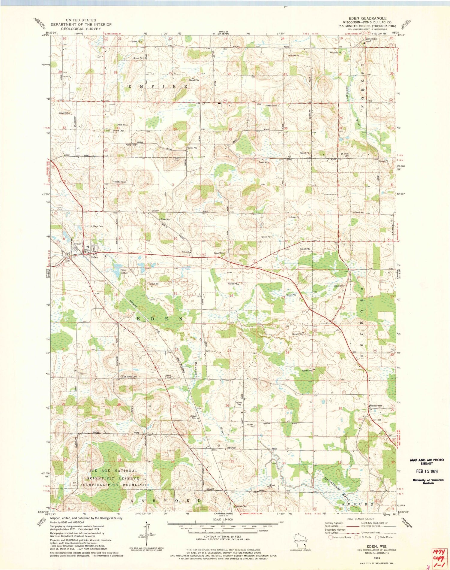 Classic USGS Eden Wisconsin 7.5'x7.5' Topo Map Image