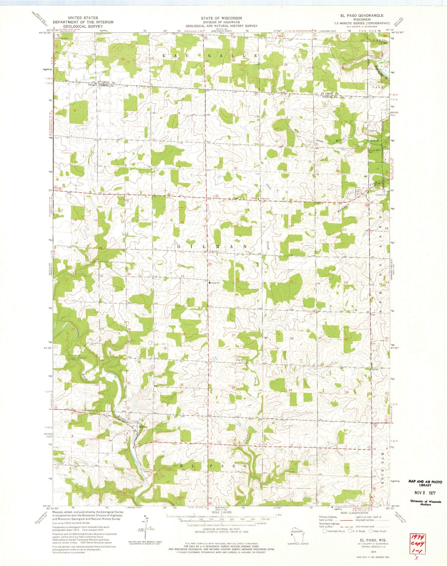 Classic USGS El Paso Wisconsin 7.5'x7.5' Topo Map Image