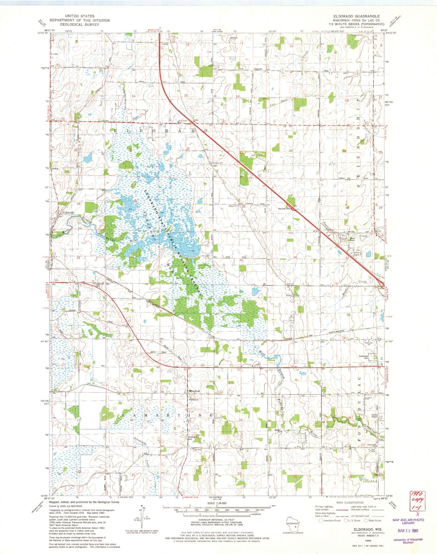 Classic USGS Eldorado Wisconsin 7.5'x7.5' Topo Map Image