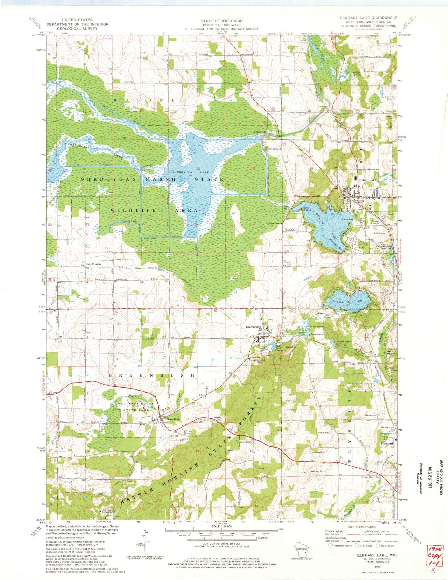 Classic USGS Elkhart Lake Wisconsin 7.5'x7.5' Topo Map Image