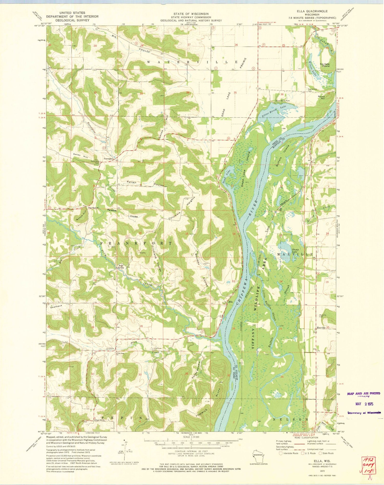 Classic USGS Ella Wisconsin 7.5'x7.5' Topo Map Image