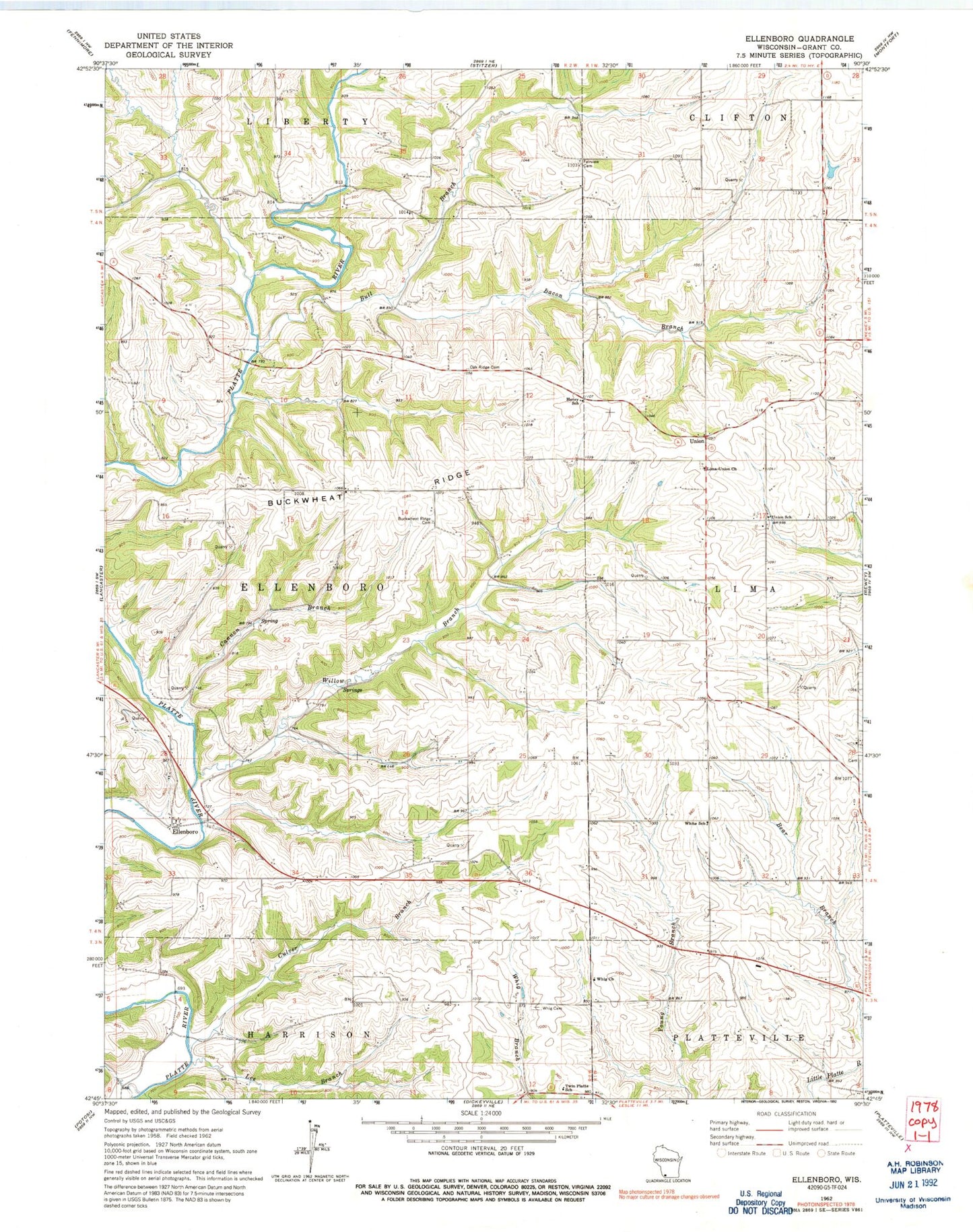 Classic USGS Ellenboro Wisconsin 7.5'x7.5' Topo Map Image