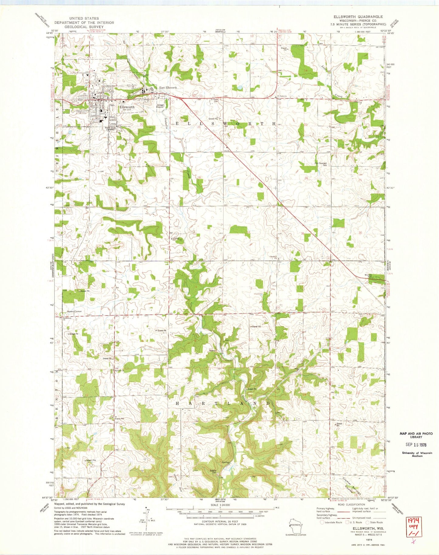 Classic USGS Ellsworth Wisconsin 7.5'x7.5' Topo Map Image