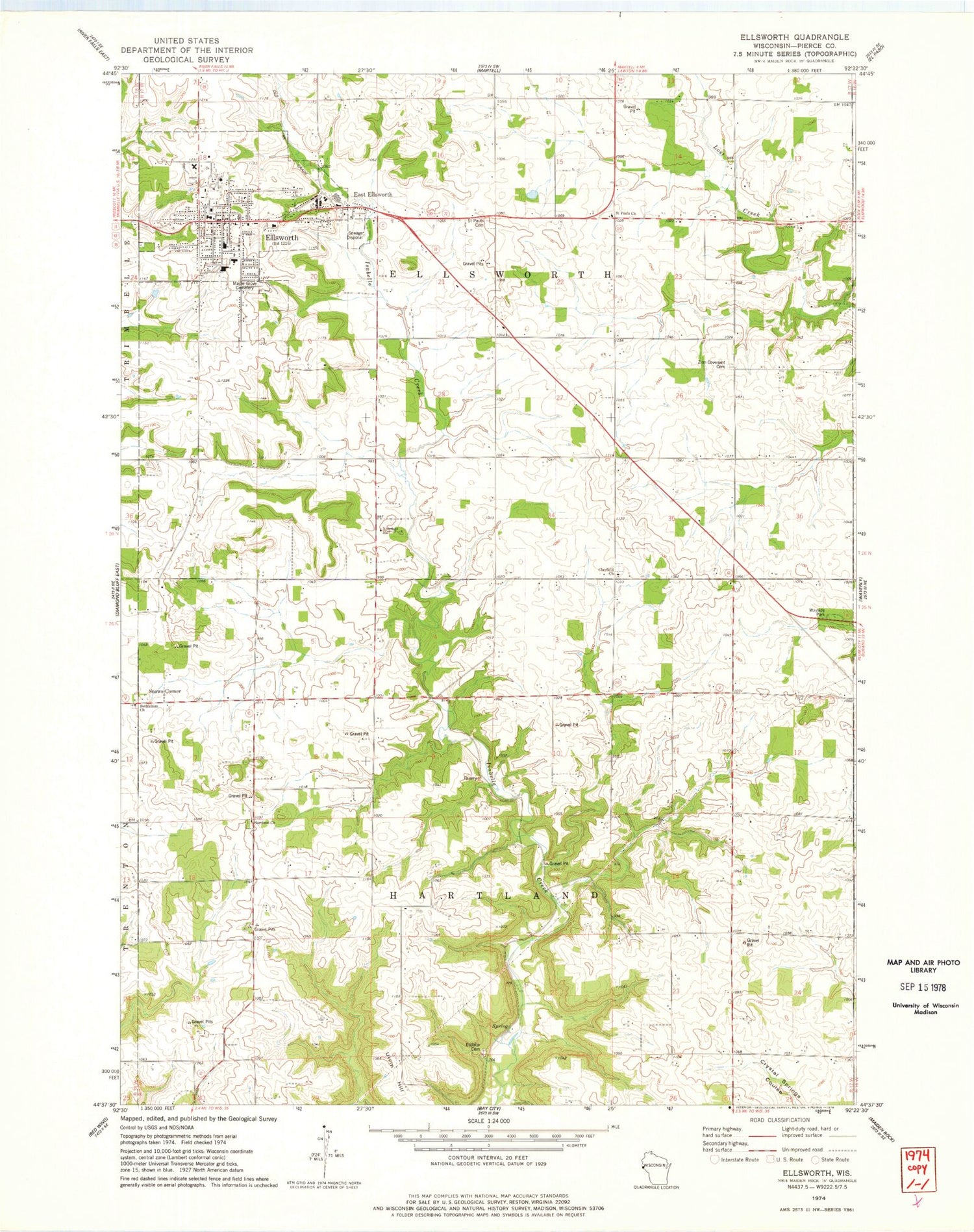 Classic USGS Ellsworth Wisconsin 7.5'x7.5' Topo Map Image