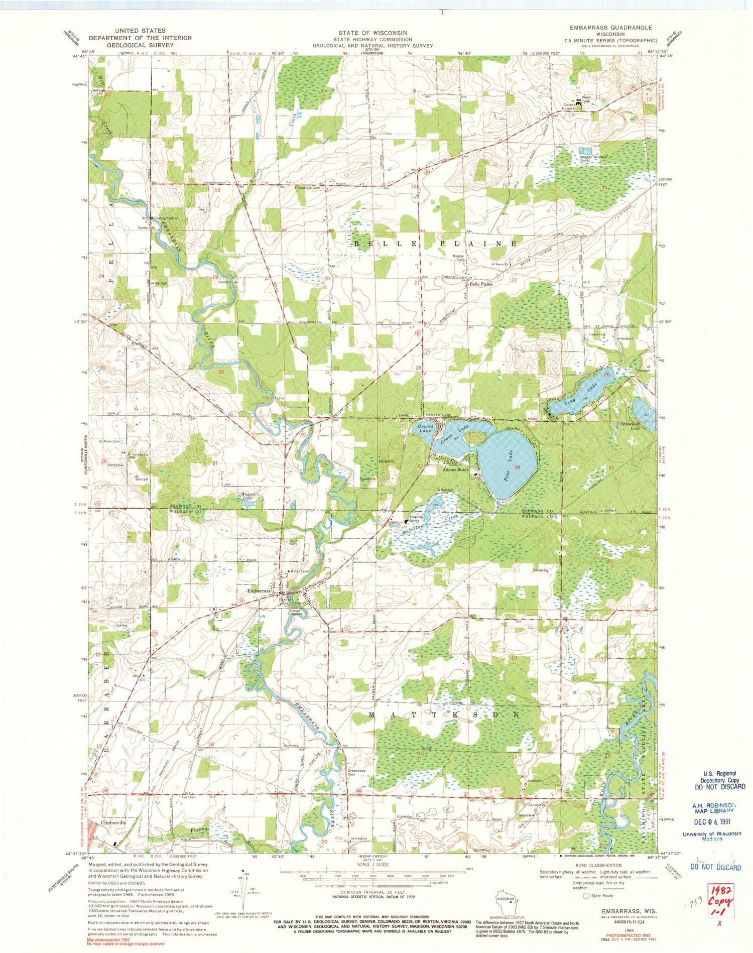 Classic USGS Embarrass Wisconsin 7.5'x7.5' Topo Map Image
