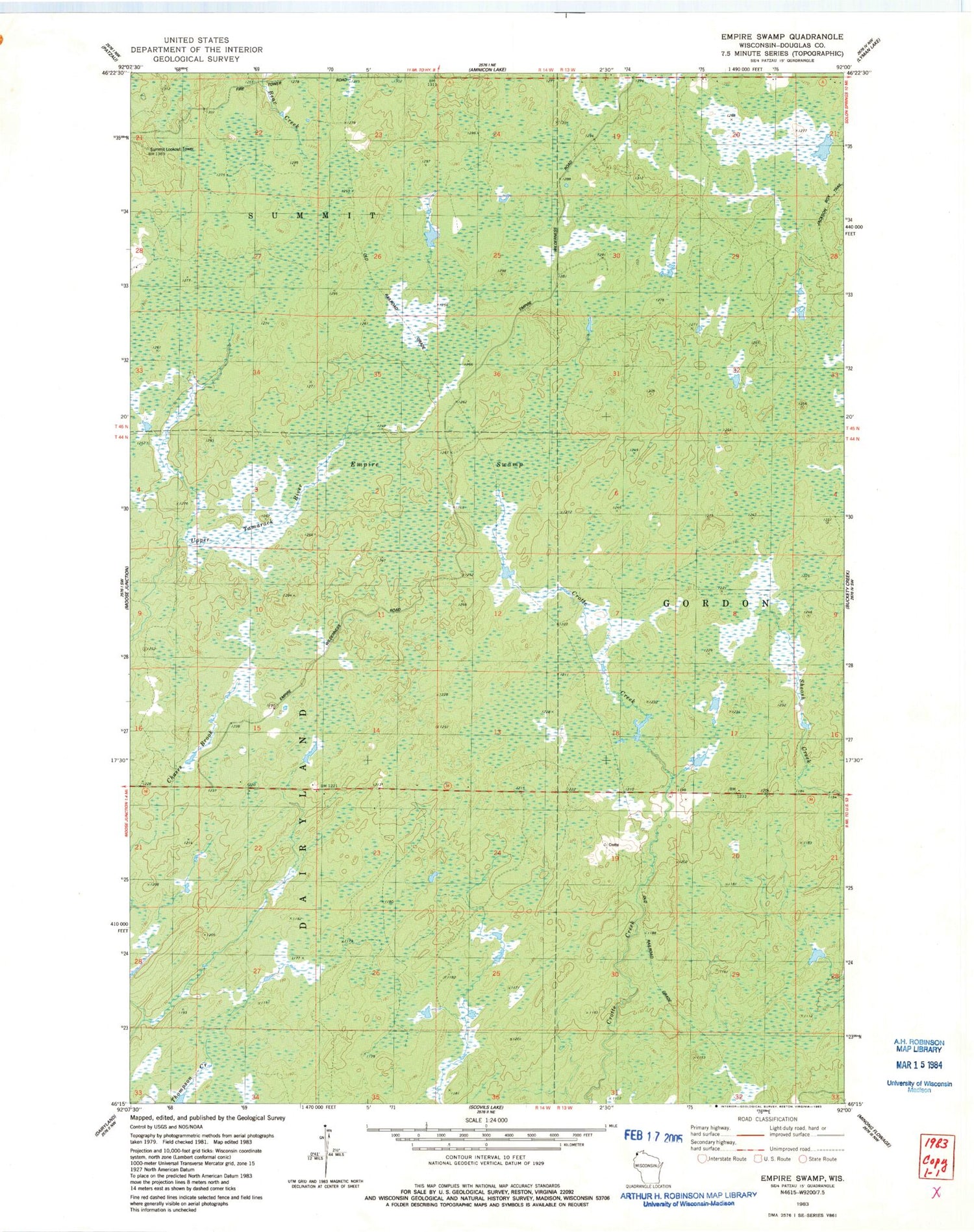 Classic USGS Empire Swamp Wisconsin 7.5'x7.5' Topo Map Image