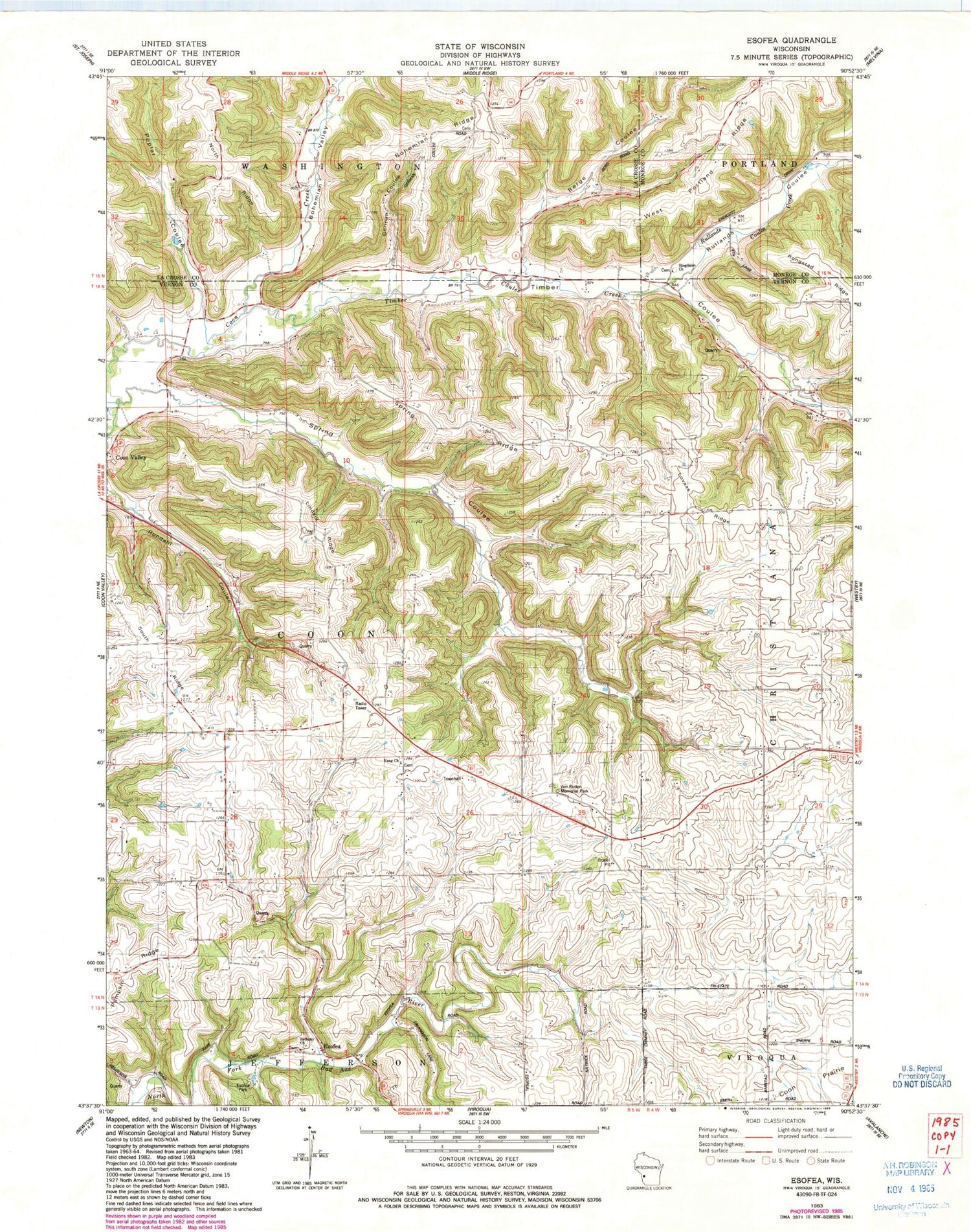 Classic USGS Esofea Wisconsin 7.5'x7.5' Topo Map Image