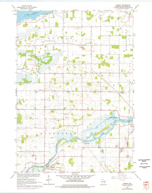 Classic USGS Eureka Wisconsin 7.5'x7.5' Topo Map Image