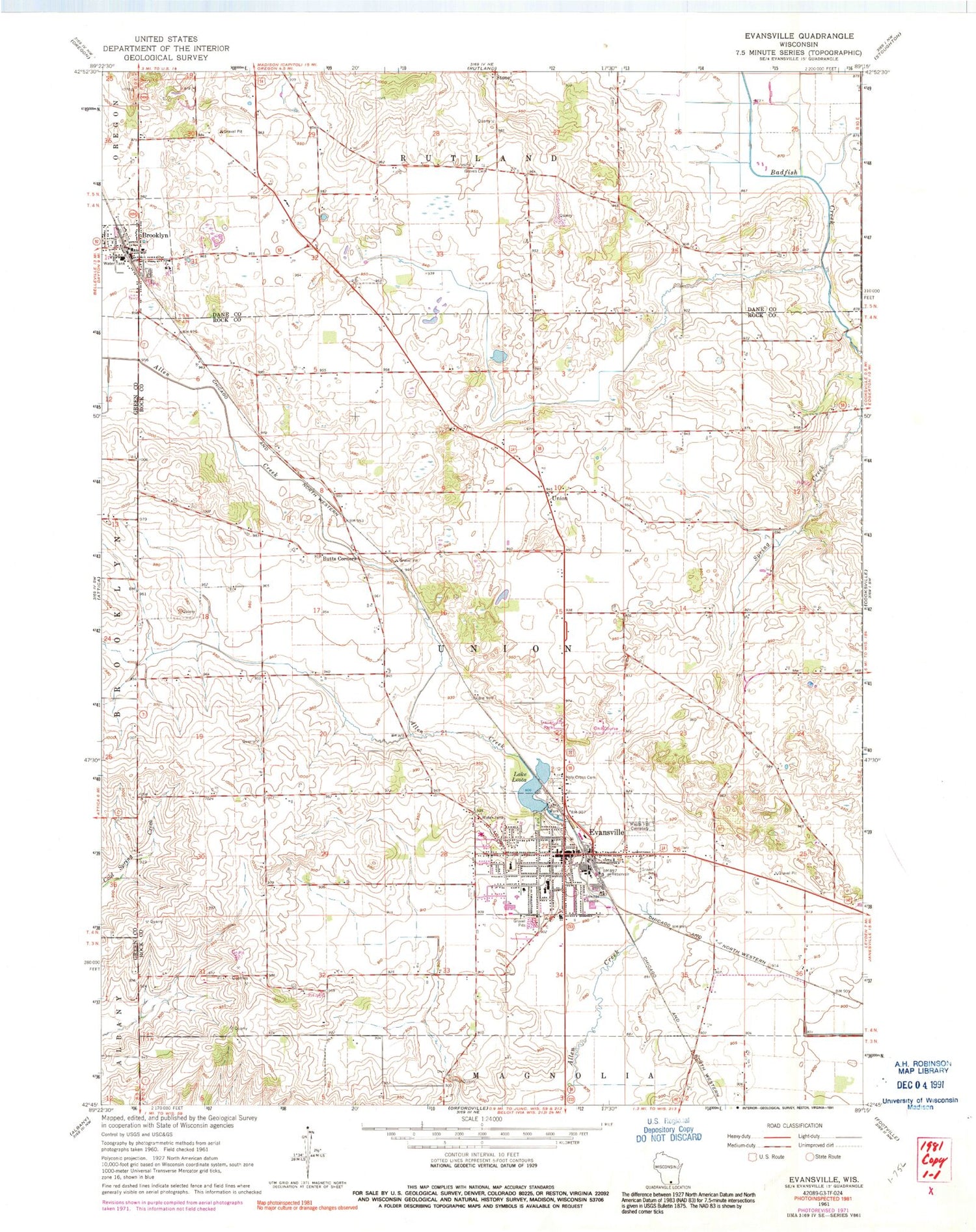 Classic USGS Evansville Wisconsin 7.5'x7.5' Topo Map Image