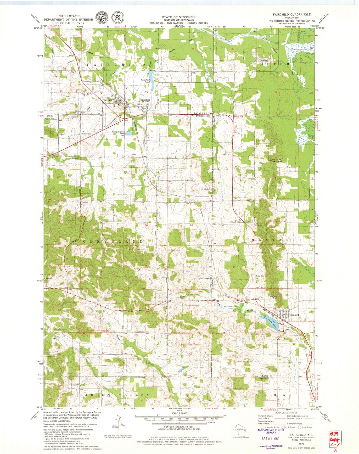Classic USGS Fairchild Wisconsin 7.5'x7.5' Topo Map Image