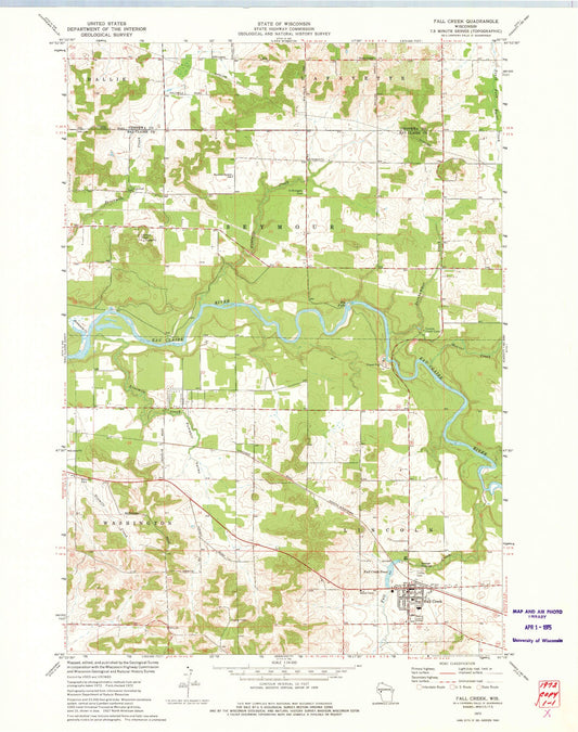 Classic USGS Fall Creek Wisconsin 7.5'x7.5' Topo Map Image