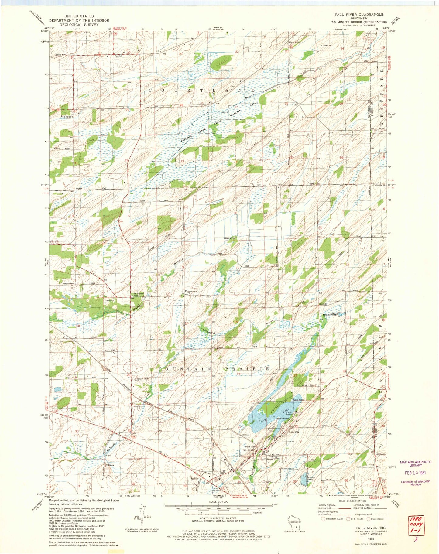 Classic USGS Fall River Wisconsin 7.5'x7.5' Topo Map Image
