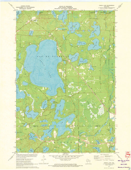 Classic USGS Fence Lake Wisconsin 7.5'x7.5' Topo Map Image