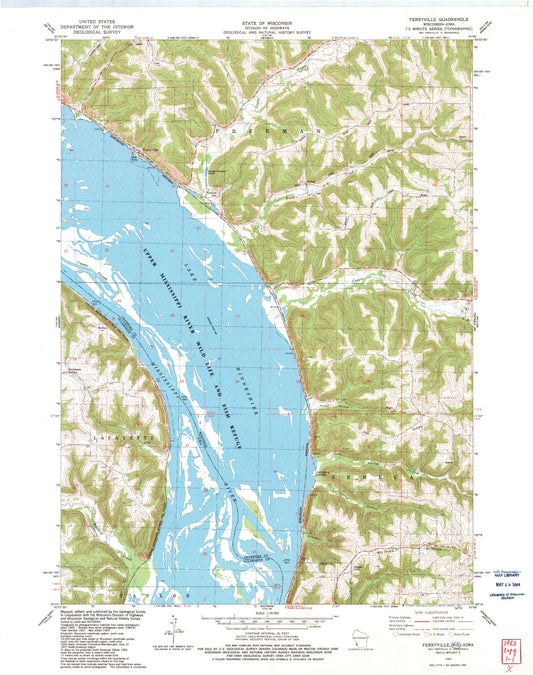 Classic USGS Ferryville Wisconsin 7.5'x7.5' Topo Map Image
