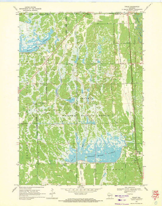 Classic USGS Finley Wisconsin 7.5'x7.5' Topo Map Image