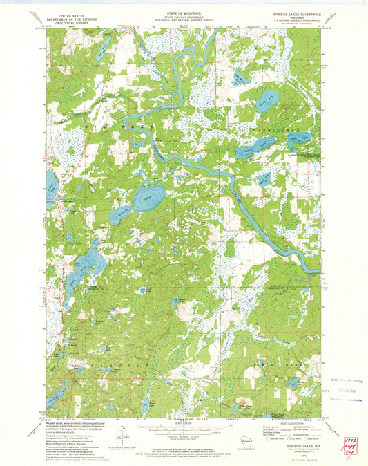 Classic USGS Fireside Lakes Wisconsin 7.5'x7.5' Topo Map Image