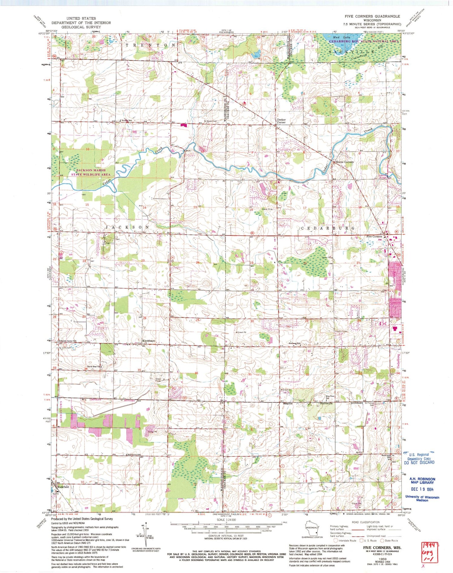Classic USGS Five Corners Wisconsin 7.5'x7.5' Topo Map Image