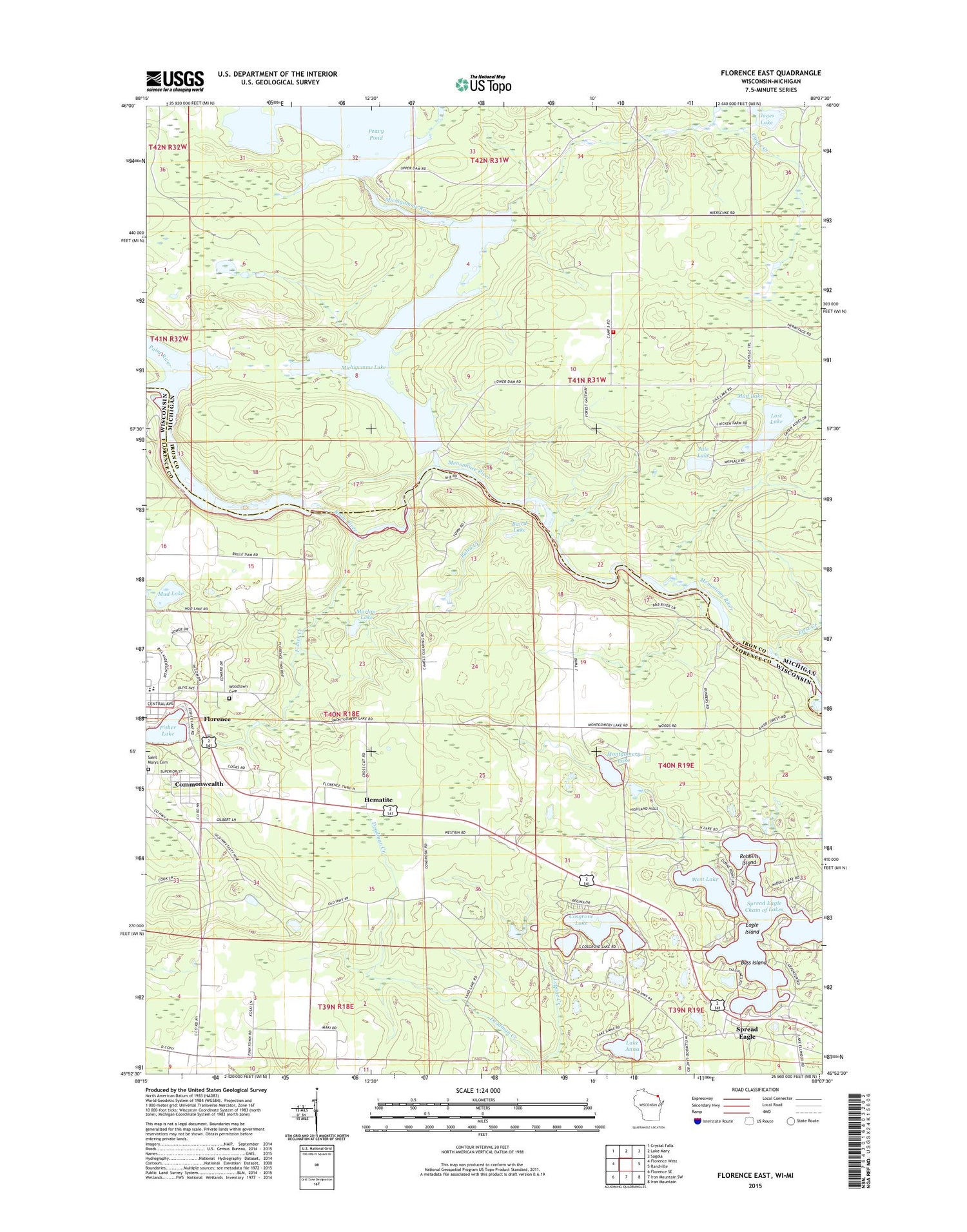 Florence East Wisconsin US Topo Map Image