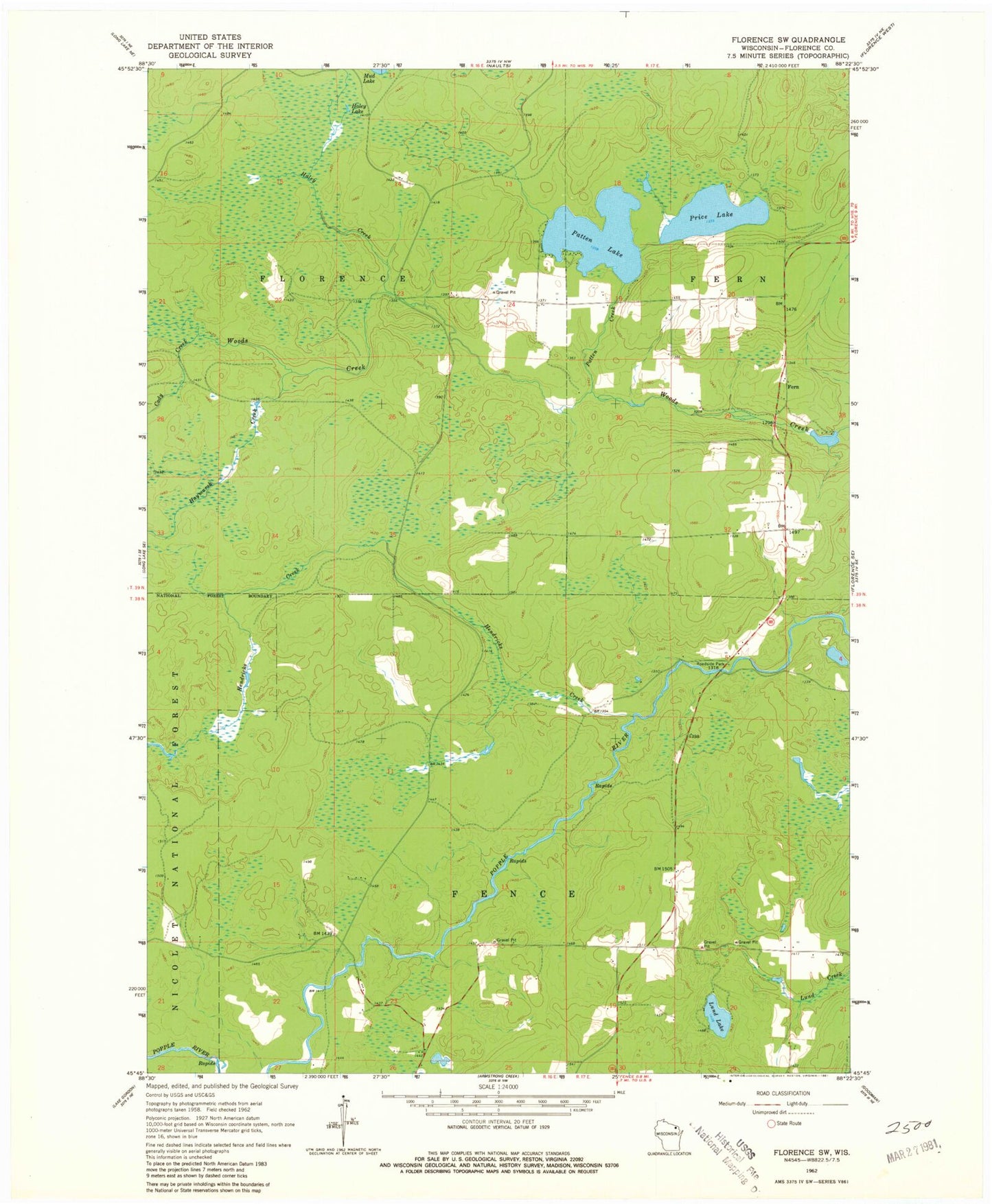 Classic USGS Florence SW Wisconsin 7.5'x7.5' Topo Map Image