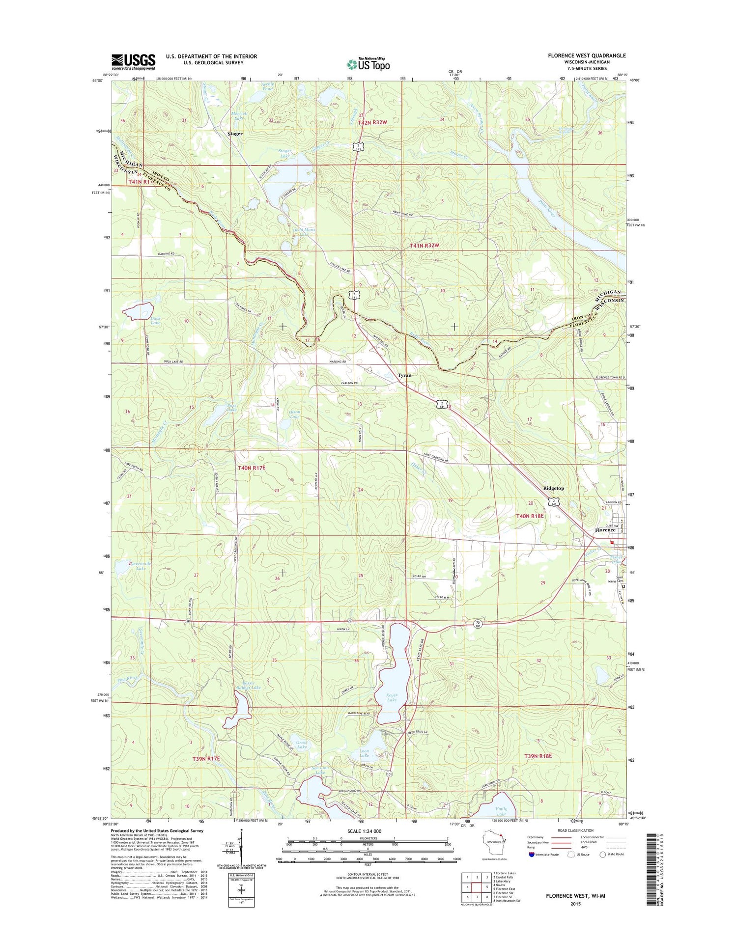 Florence West Wisconsin US Topo Map Image