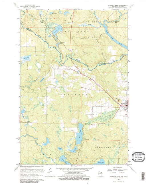 Classic USGS Florence West Wisconsin 7.5'x7.5' Topo Map Image