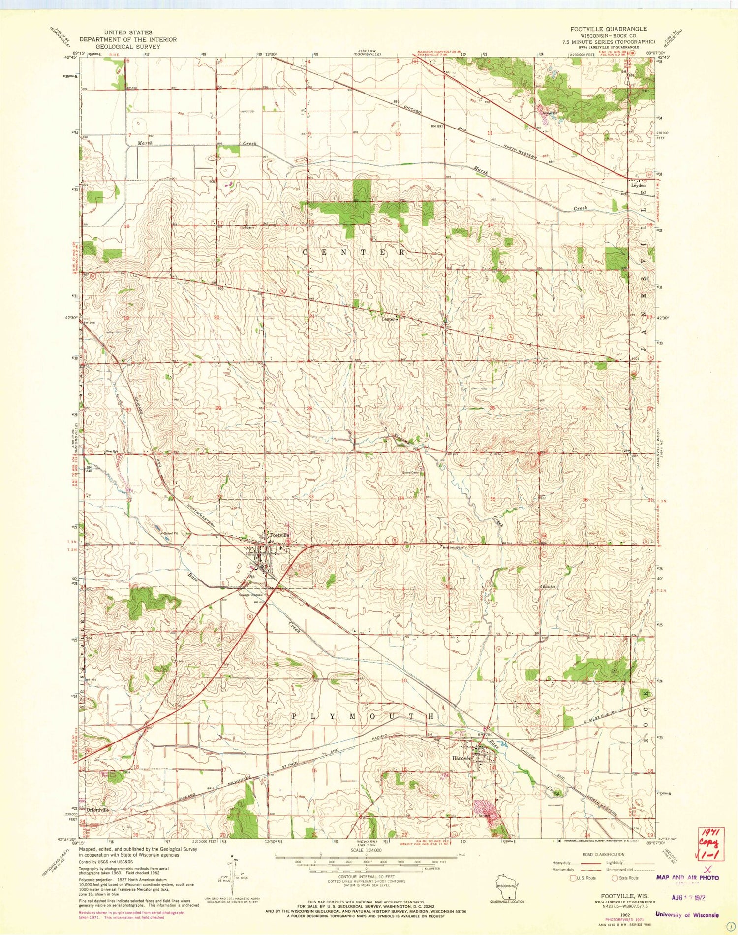 Classic USGS Footville Wisconsin 7.5'x7.5' Topo Map Image