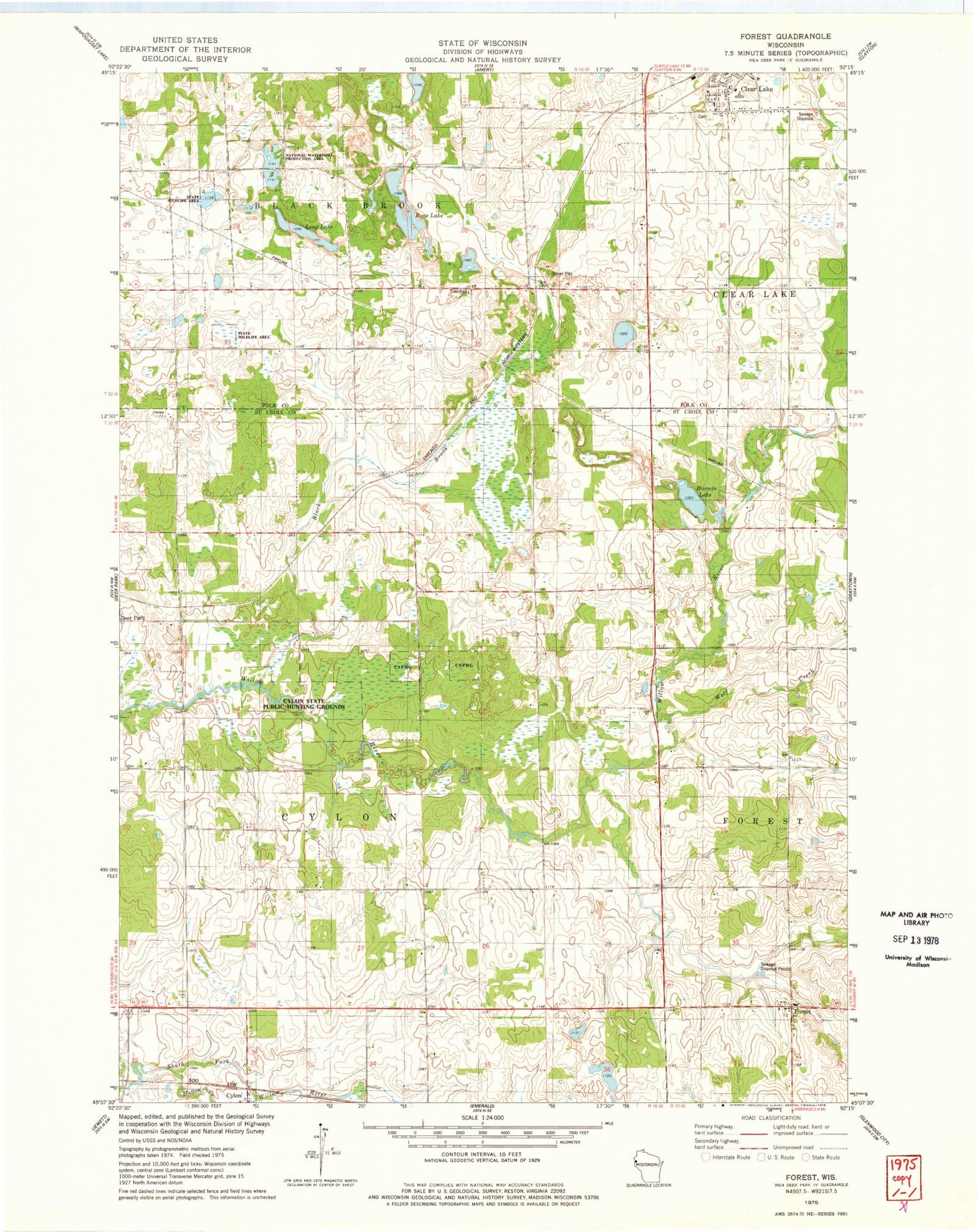 Classic USGS Forest Wisconsin 7.5'x7.5' Topo Map Image