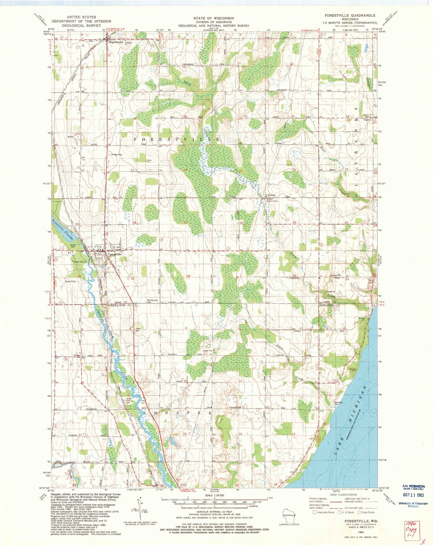 Classic USGS Forestville Wisconsin 7.5'x7.5' Topo Map Image