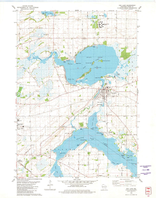 Classic USGS Fox Lake Wisconsin 7.5'x7.5' Topo Map Image