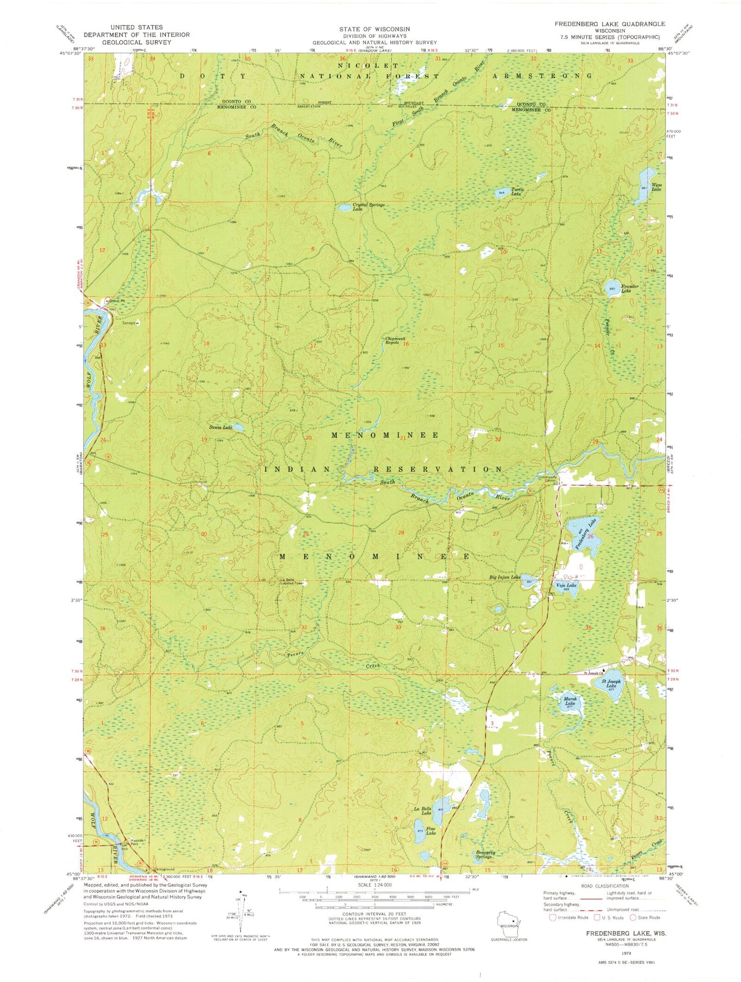 Classic USGS Fredenberg Lake Wisconsin 7.5'x7.5' Topo Map Image
