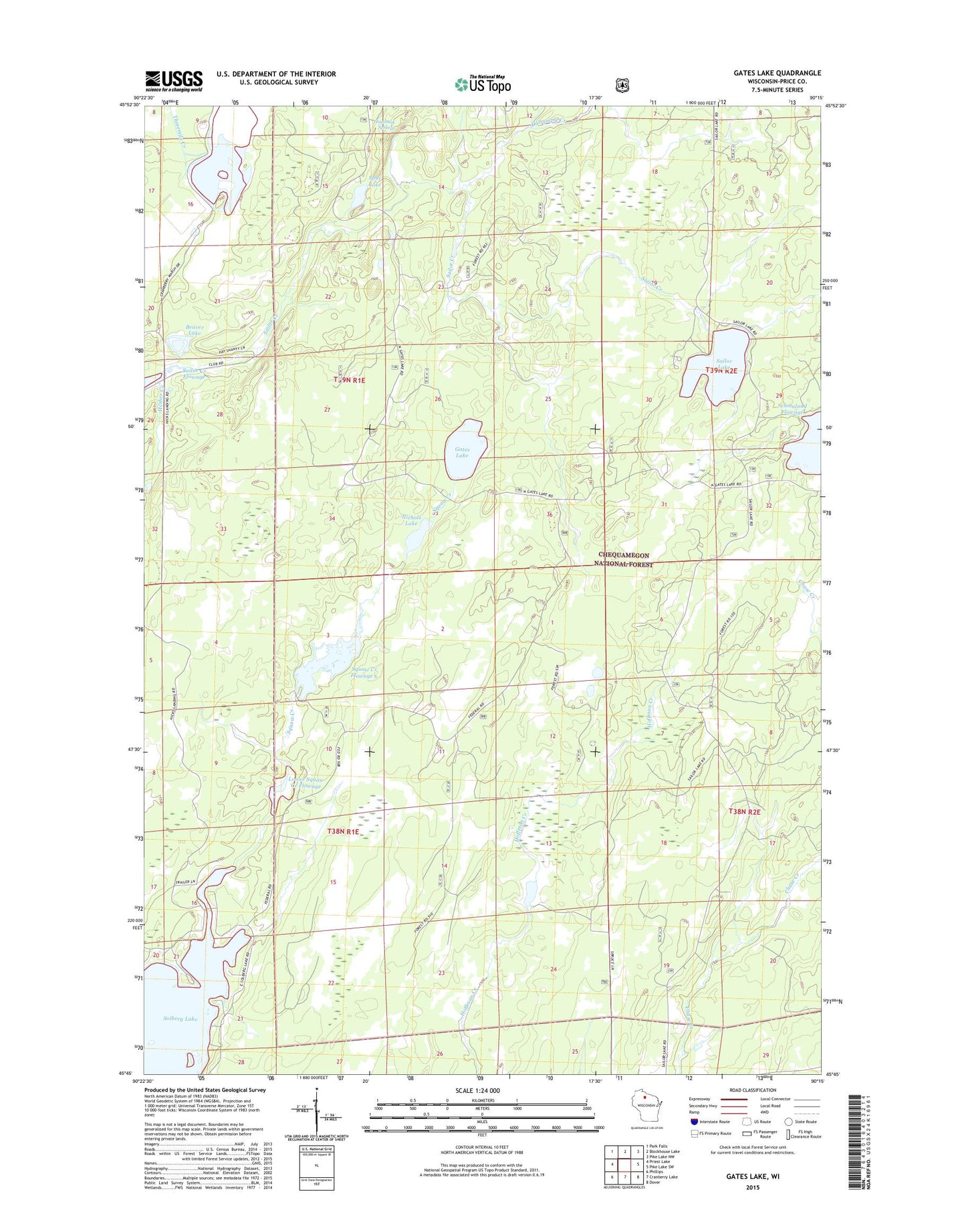 Gates Lake Wisconsin US Topo Map Image