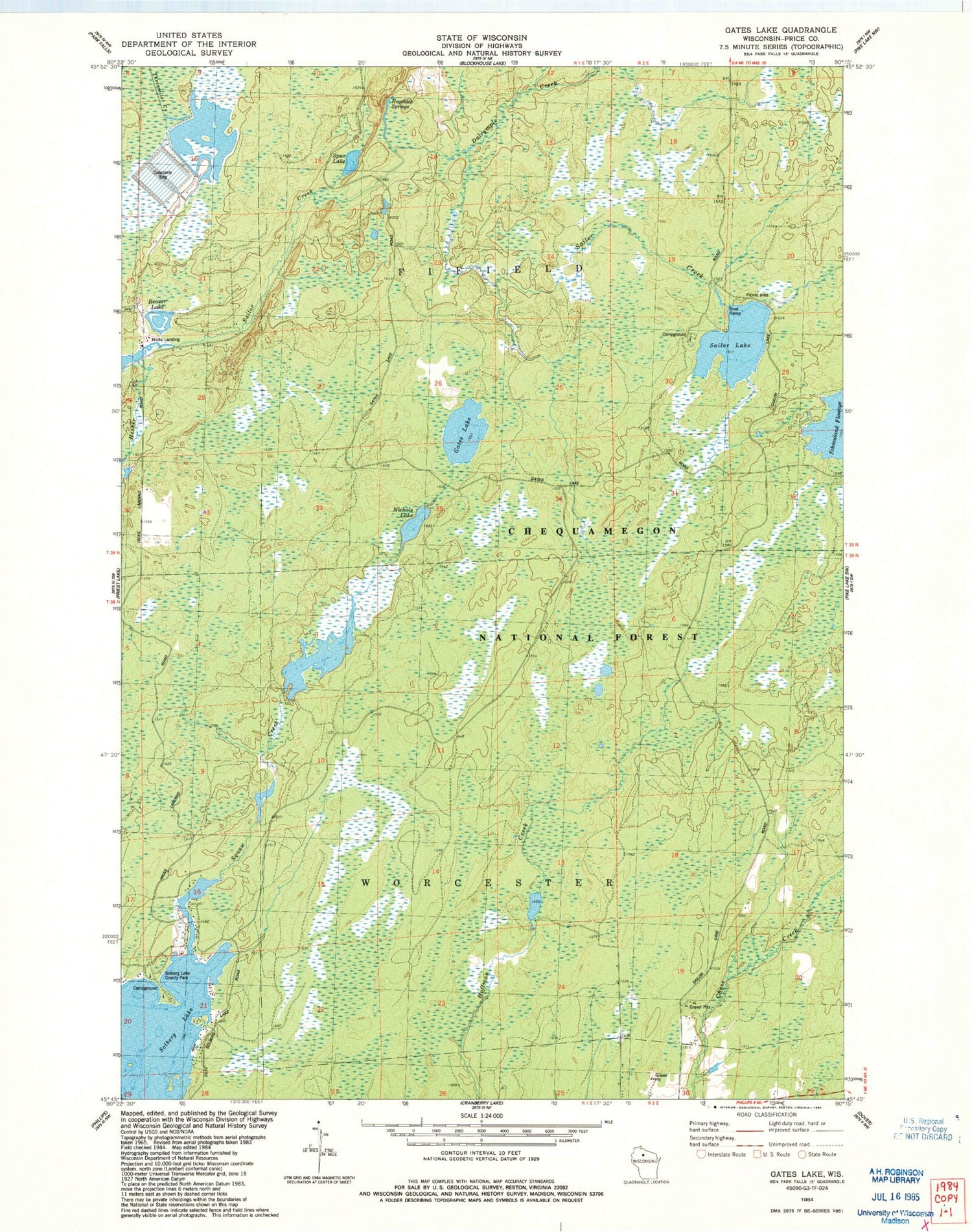 Classic USGS Gates Lake Wisconsin 7.5'x7.5' Topo Map Image