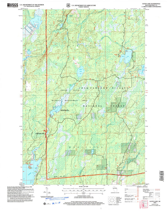 Classic USGS Gates Lake Wisconsin 7.5'x7.5' Topo Map Image