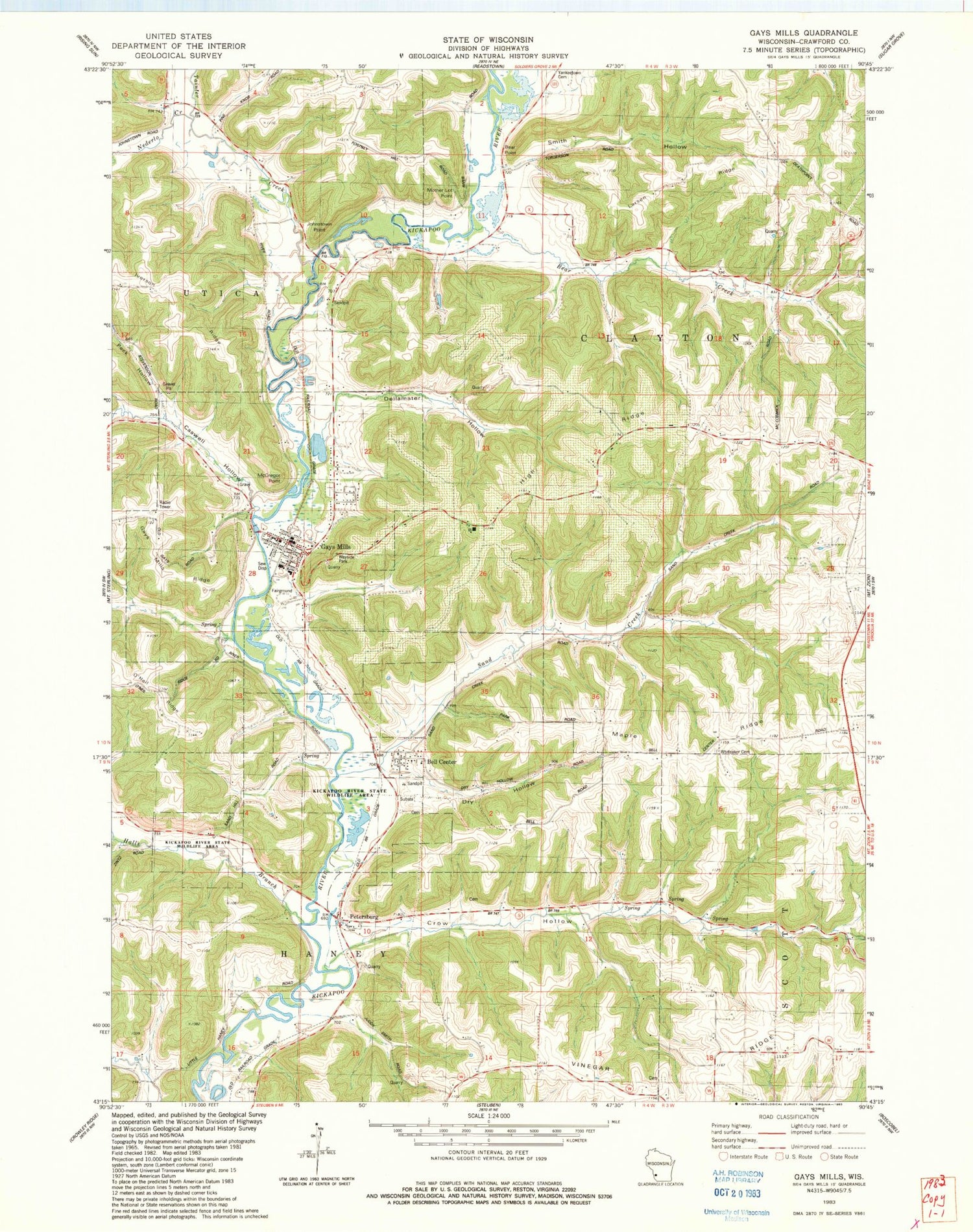 Classic USGS Gays Mills Wisconsin 7.5'x7.5' Topo Map Image