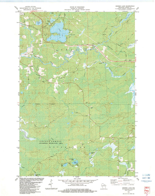 Classic USGS George Lake Wisconsin 7.5'x7.5' Topo Map Image