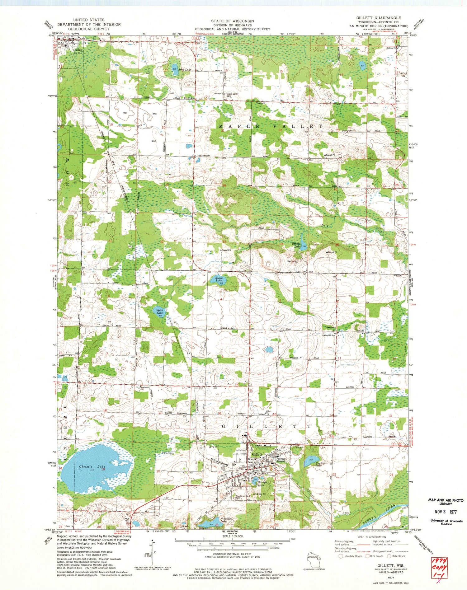 Classic USGS Gillett Wisconsin 7.5'x7.5' Topo Map Image