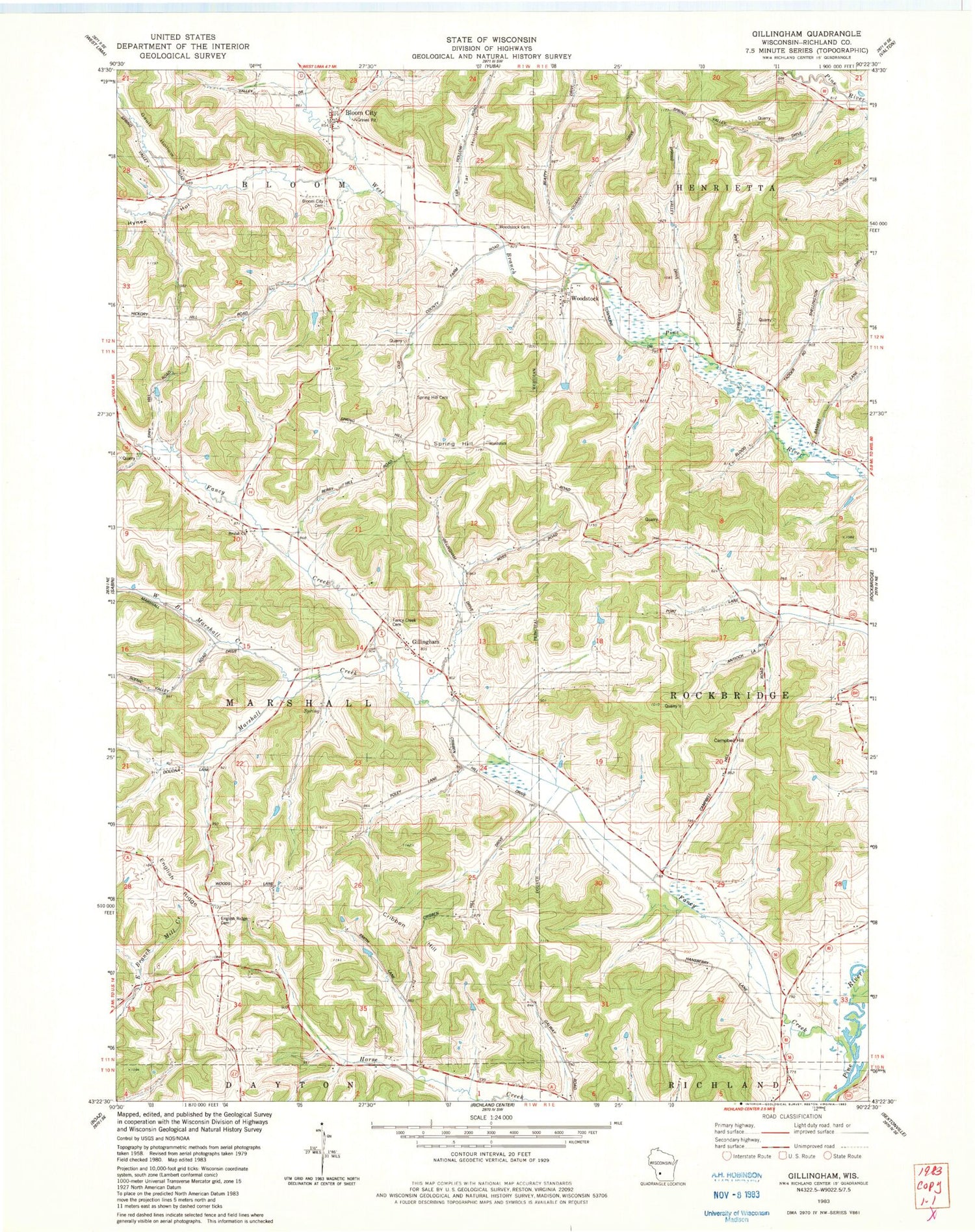 Classic USGS Gillingham Wisconsin 7.5'x7.5' Topo Map Image